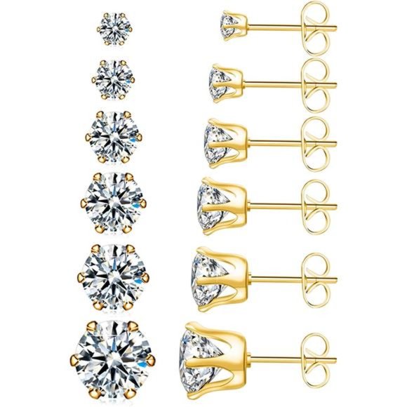 6 Pairs Stainless Steel Stud Earrings Set Hypoallergenic Cubic Zirconia - Picture 1 of 6